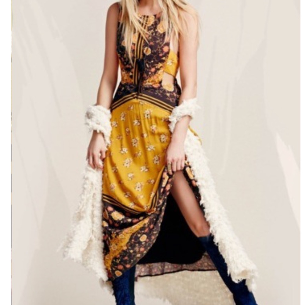 Free People Mustard & Brown Patchwork High-Low Midi Dress